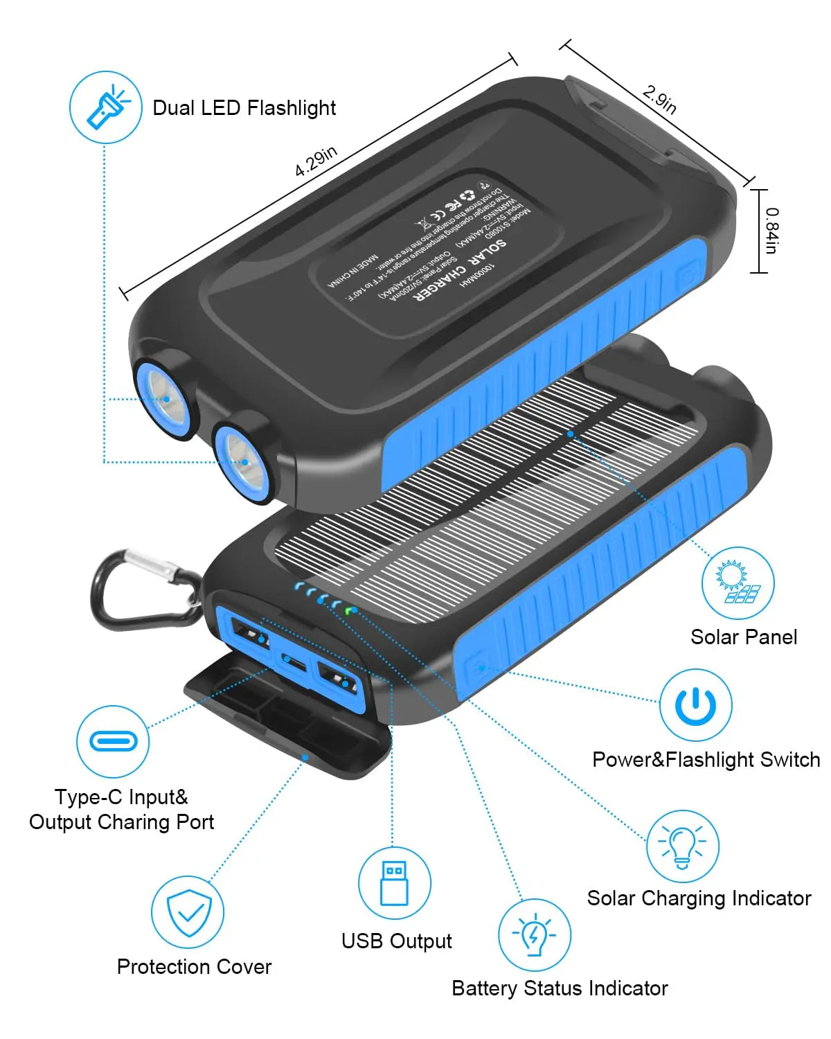 10000mAh Solar Power Bank Portable Waterproof Fast Charge