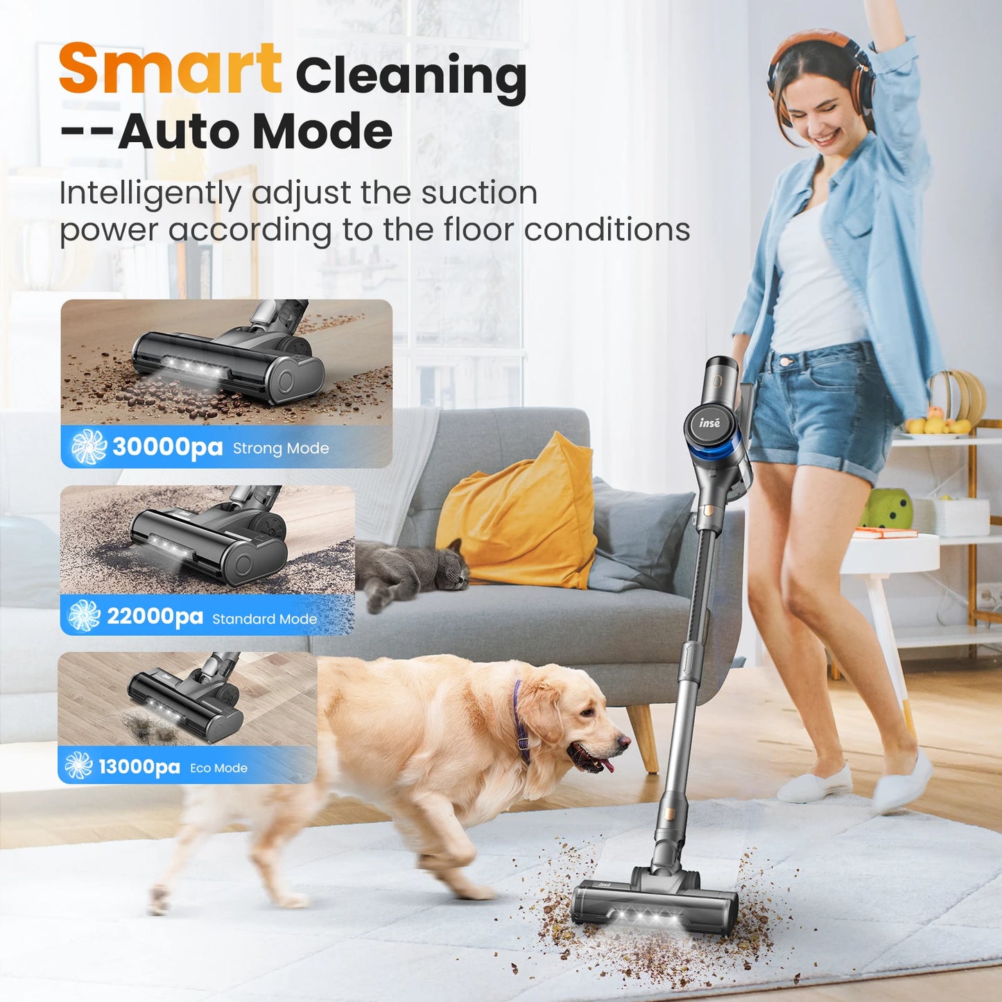 INSE S9 Cordless Vacuum Cleaner 30Kpa Stick Vacuum 55min Runtime