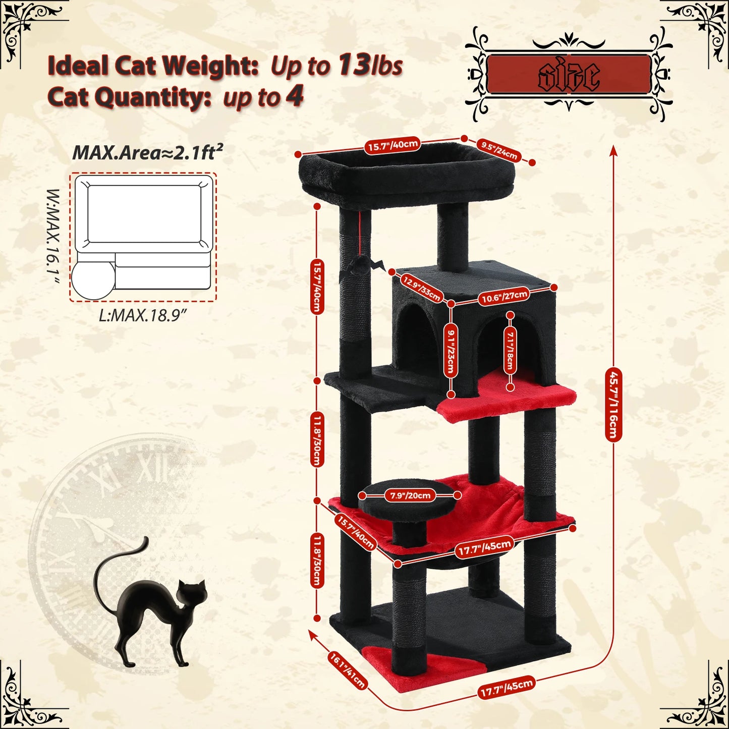 Gothic Cat Tree for Indoor Cats, Tall Cat Tower with Super Large Hammock, Sisal Covered Scratching Post Cozy Condo Top Perch