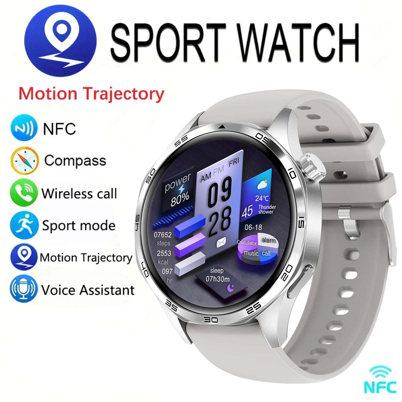 GEJIAN New Men's Smart 5.0 Bluetooth GPS NFC Watch 1.53-inch