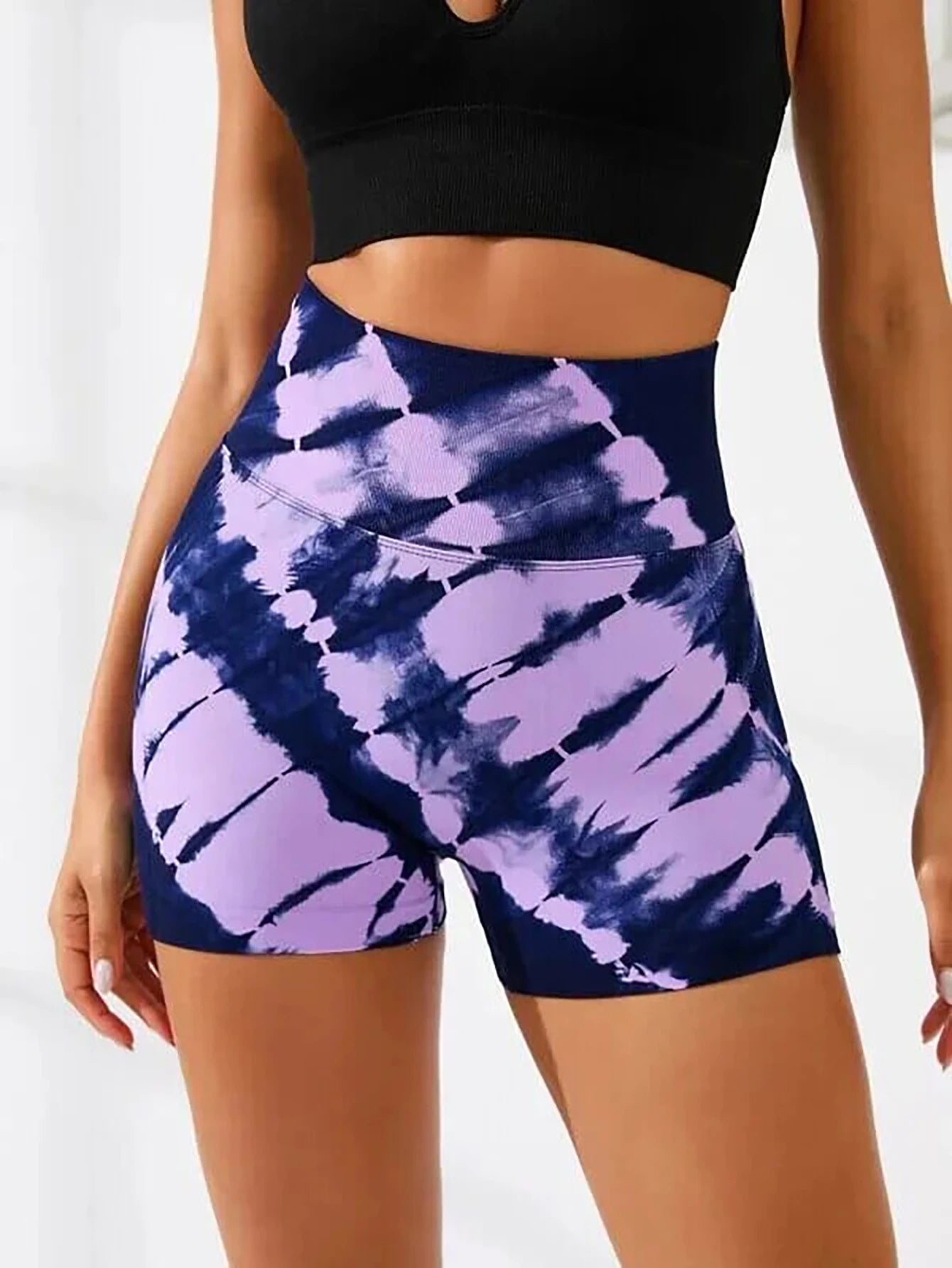 Us Local Women's Tie Dye V-Back Yoga Biker Shorts, Workout Seamless High Waisted Contour Gym Yoga Biker Shorts