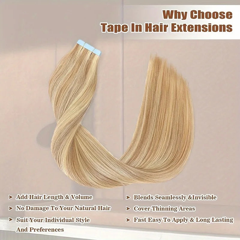 Alimice Tape In Hair Extensions Invisible Skin Weft Tape Hair Extensions P18/P613# Color 50g Remy Seamless Hair Extensions 20PCS