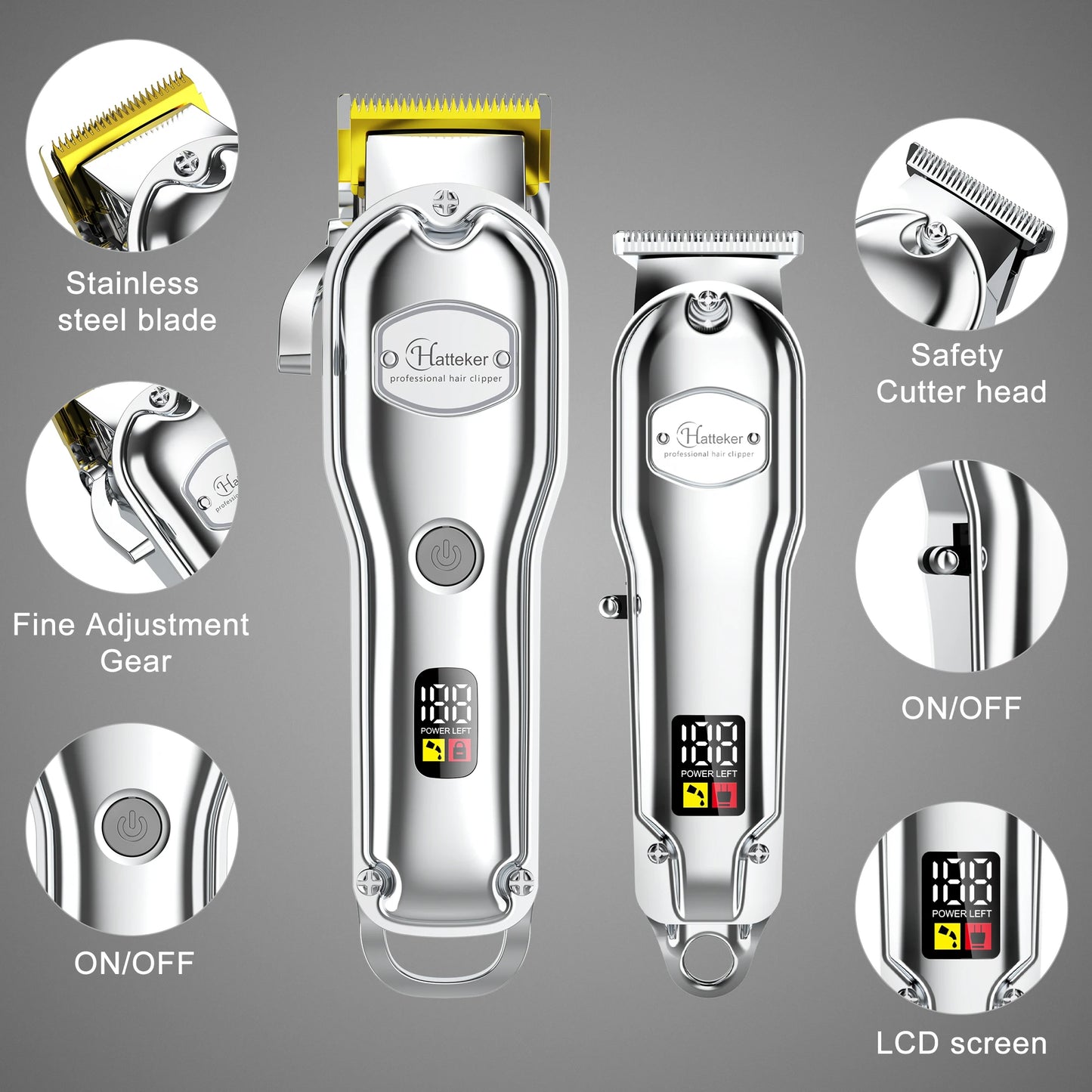 Hatteker Professional Hair Cutter Mans Hair Clipper Set Metal Electric Cordless Hair Trimmer for Barber LCD Display Hairdressing