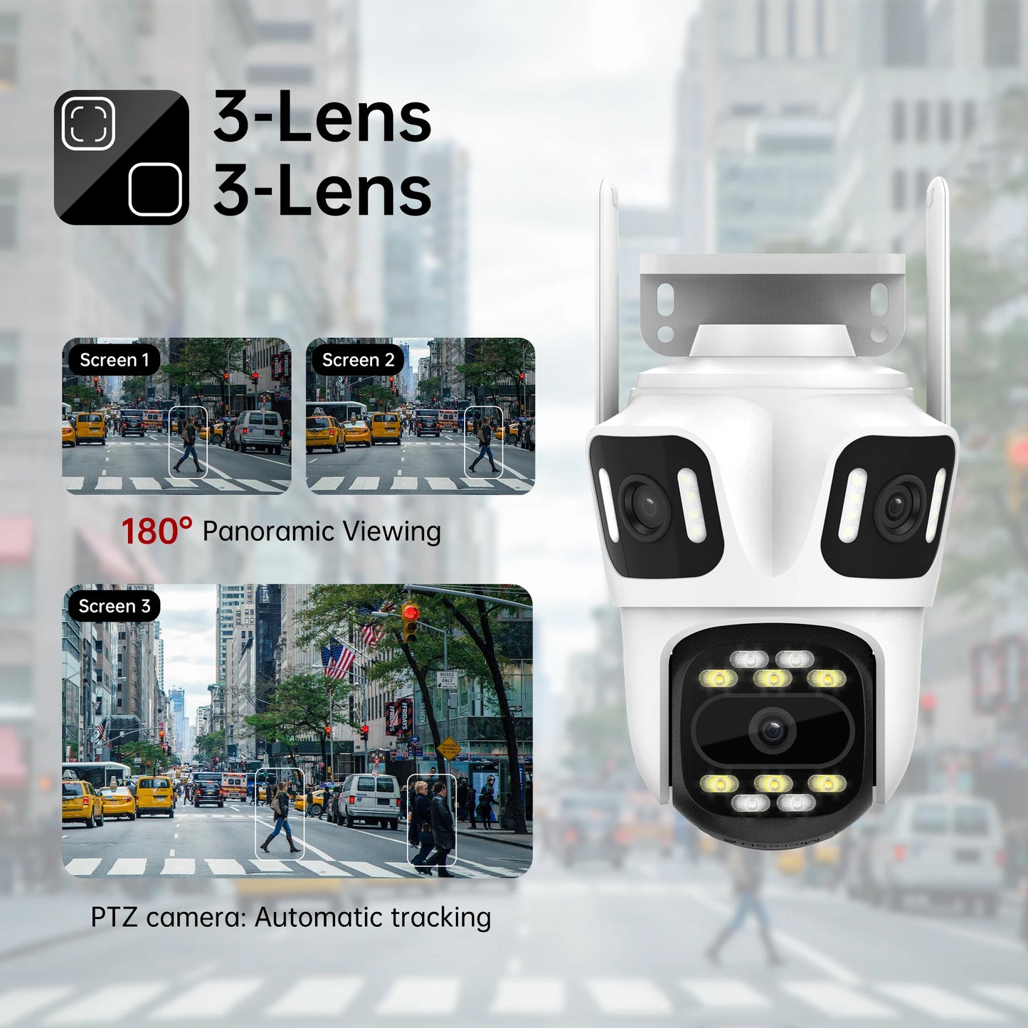12MP 6K WIifi CCTV IP Camera  Outdoor PTZ Three Lens with Three Screens Human Tracking Waterproof Surveillance Cameras iCSee App