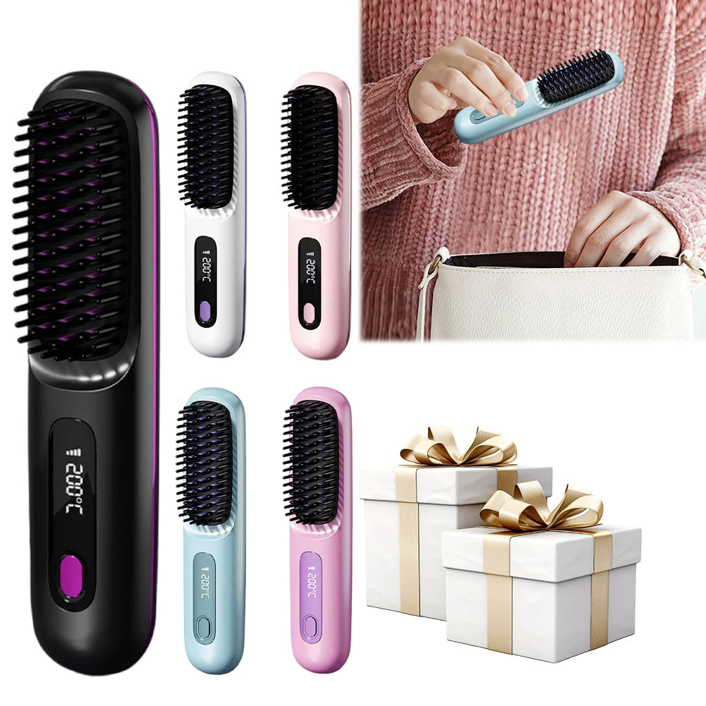 Cordless Hair Straightener Negative Ions Hair Straightener Digital Display Hair Straightening Brush Anti-scald for Home Travel