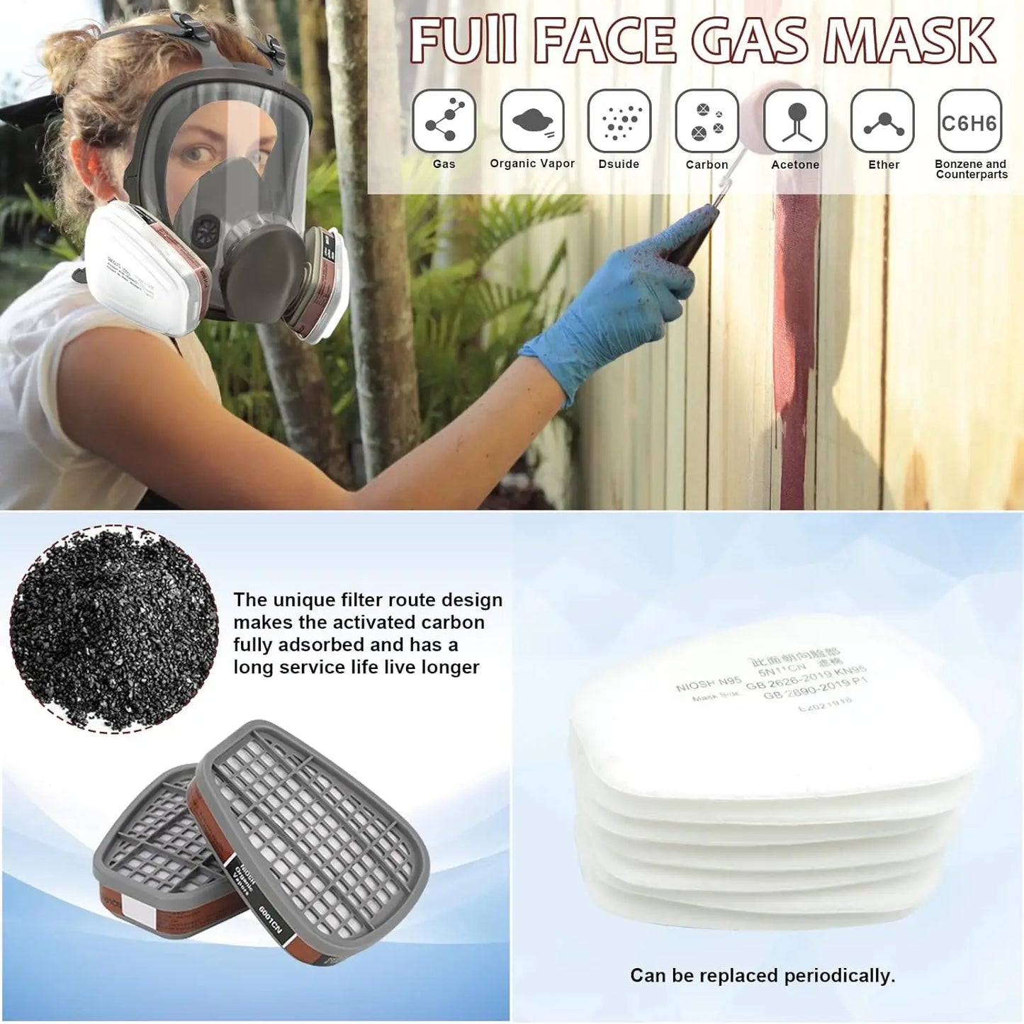 Reusable Respirator Gas Mask Full Facepiece Shield 6800 Face Cover with Filters for Dust Fumes Asbestos Chemicals