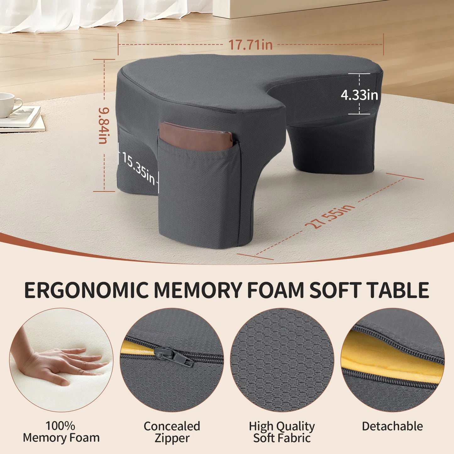 Bed Reading Arm Rest Pillow Gaming Reading Pillow Ergonomic Soft Memory Foam 3 Legs Bed Arm Rest Pillow For Couch Car Floor