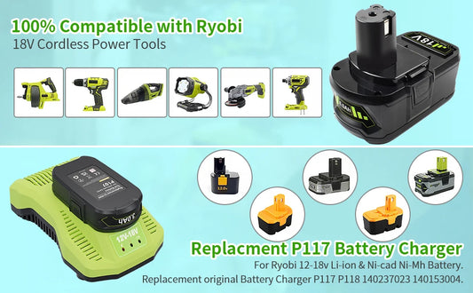 For RYOBI P108 18V One+ Plus 6.0Ah High Capacity Battery 18 Volt Lithium-ion and NiCad Battery Charger  P107 P109 P117