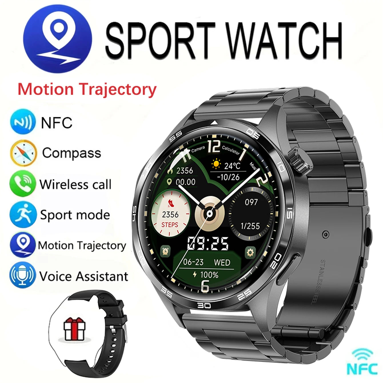 GEJIAN New Men's Smart 5.0 Bluetooth GPS NFC Watch 1.53-inch