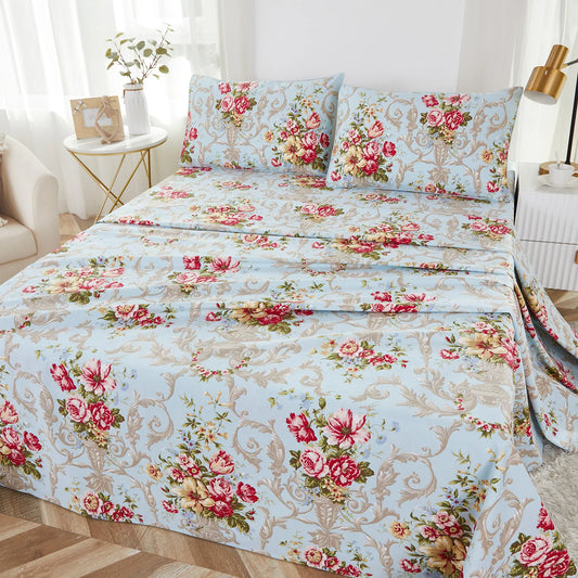 4pcs 600 TC 100% Cotton Fitted Sheet Set (Without Core), Vintage Red Rose In Light Blue, Soft Breathable And Skin-friendly