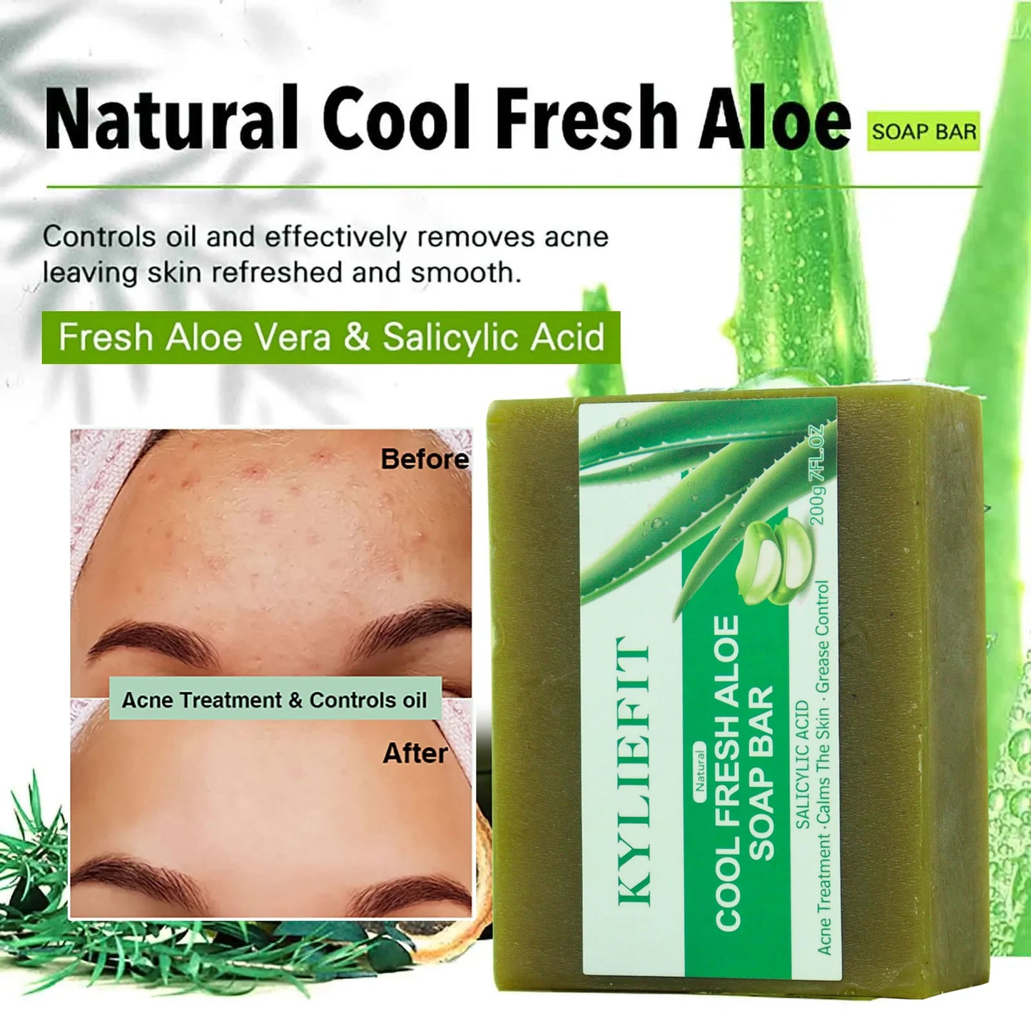 KYLIEFIT Cool Fresh Aloe Vera Soap Bar for All Skin Types, Reduce Spots, Oil Control, Deep Clean, 150g/ 7 oz