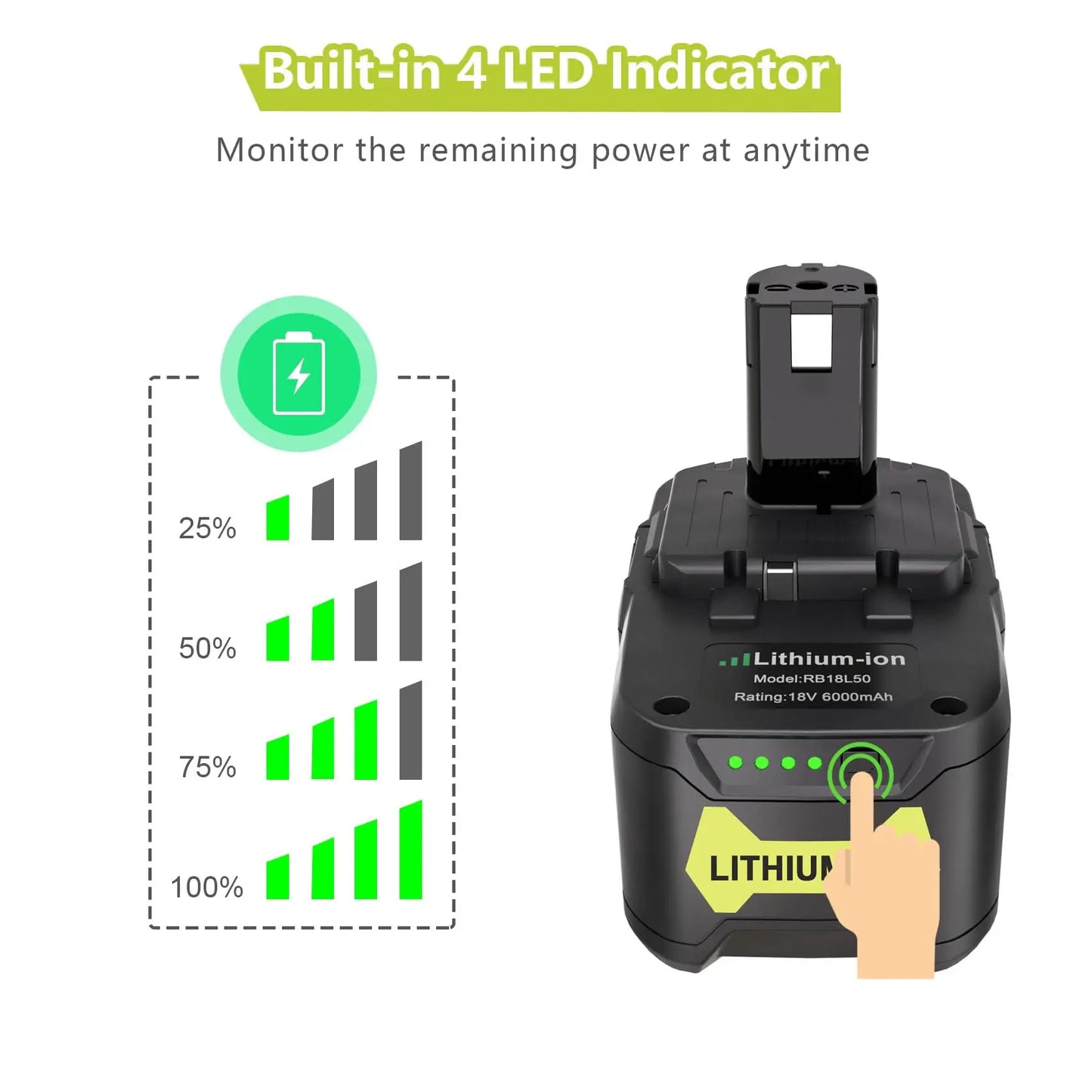 6Ah Ryobi One Plus 18v Battery Lithium for P108 P102 P103 P104 P105 P107 P109 P122 PBP005 RB18L50 Ryobi Battery Tool Accessory