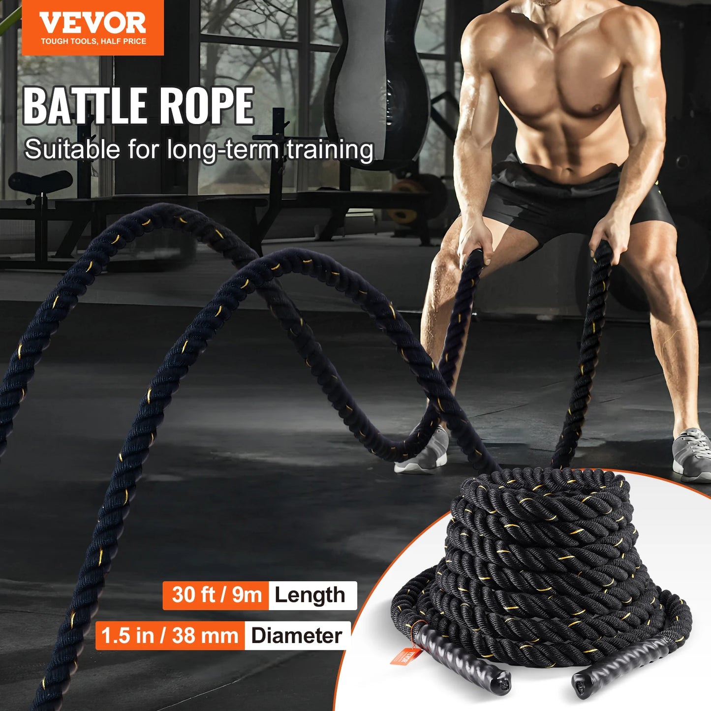 VEVOR Battle Rope 1.5 Inch Diameter 30Ft for Home Gym Fitness