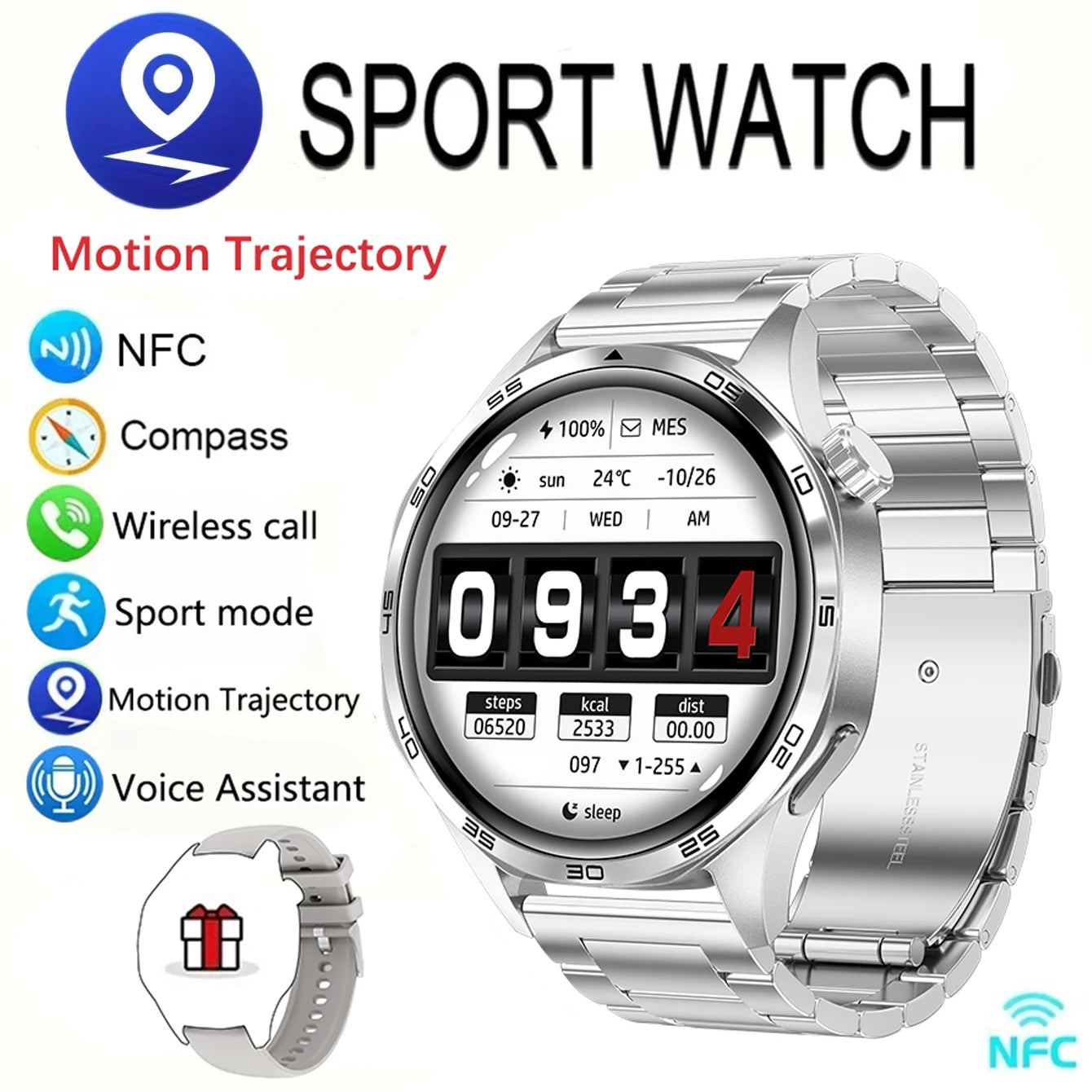 GEJIAN New Men's Smart 5.0 Bluetooth GPS NFC Watch 1.53-inch