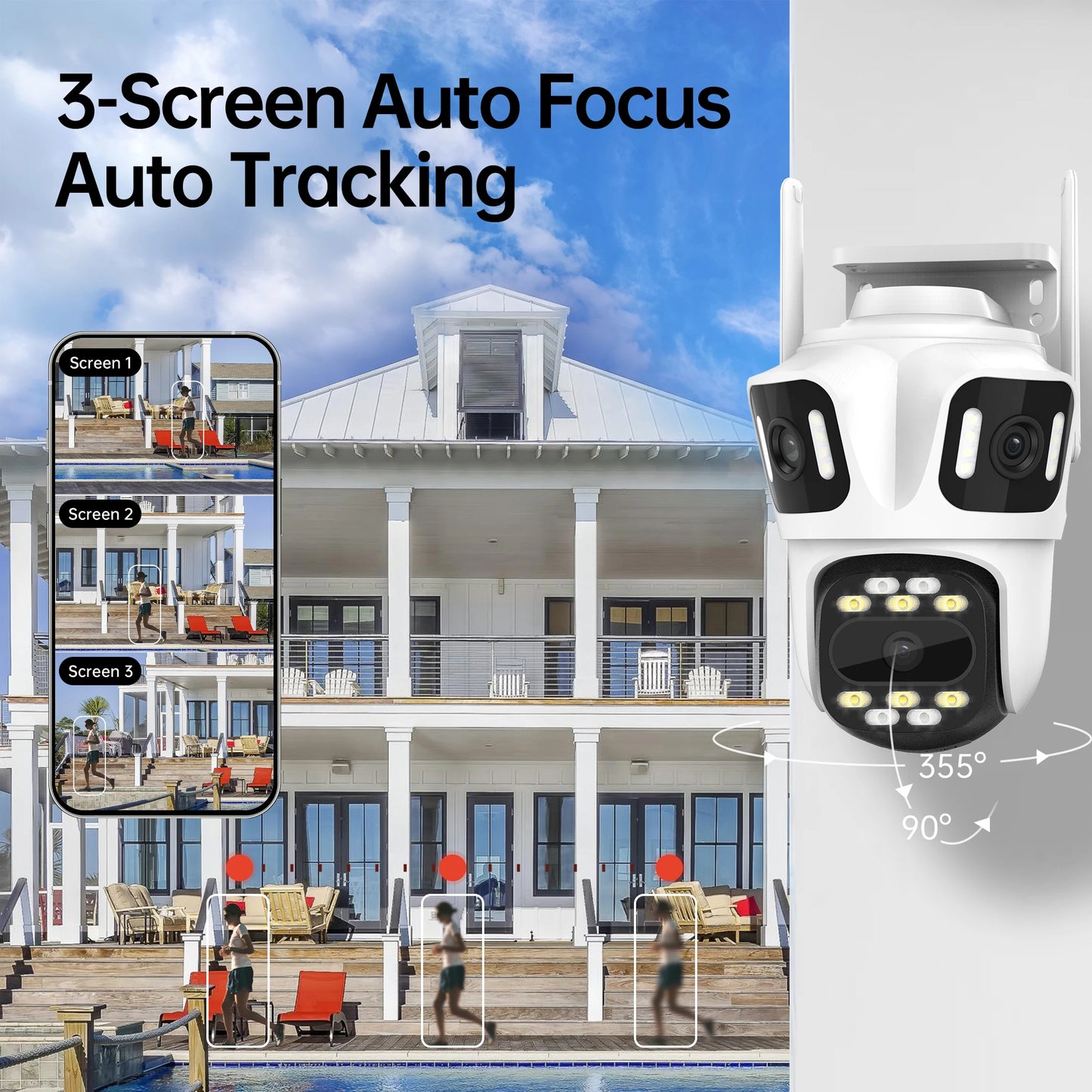 12MP 6K WIifi CCTV IP Camera  Outdoor PTZ Three Lens with Three Screens Human Tracking Waterproof Surveillance Cameras iCSee App
