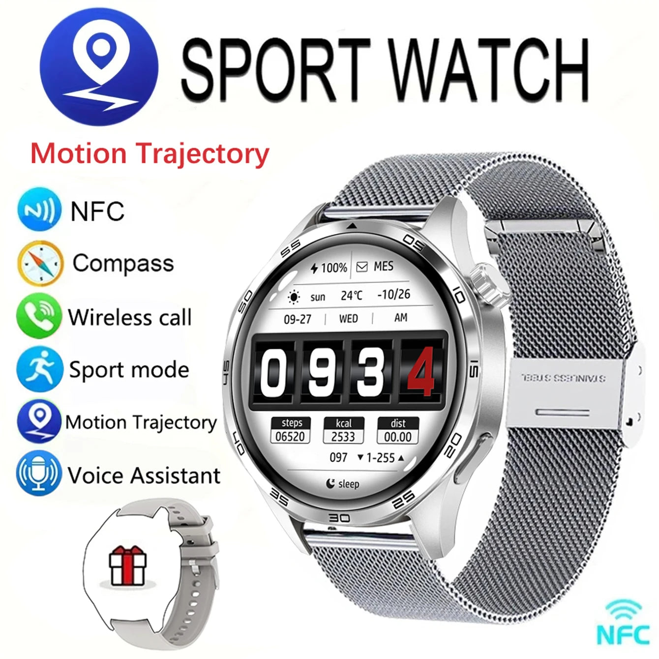 GEJIAN New Men's Smart 5.0 Bluetooth GPS NFC Watch 1.53-inch