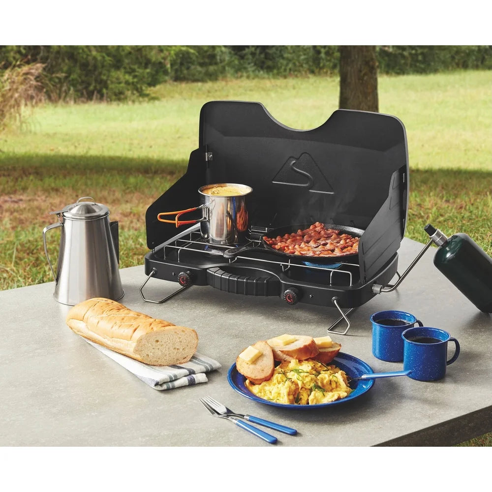 Portable Dual Burner Propane Camping Stove with Wind Guards 20000 BTU Ideal Outdoor Cooking Hiking Hunting Power Outage