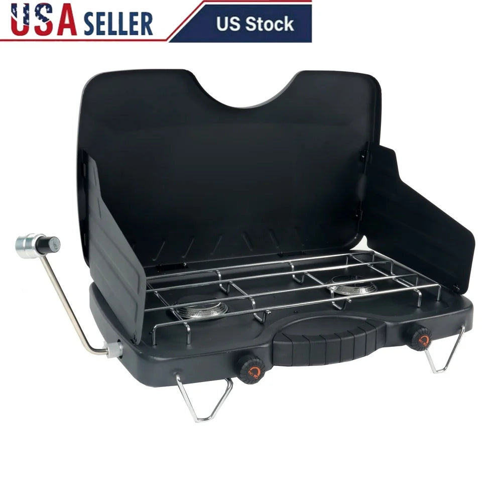 Portable Dual Burner Propane Camping Stove with Wind Guards 20000 BTU Ideal Outdoor Cooking Hiking Hunting Power Outage