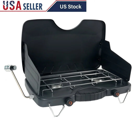 Portable Dual Burner Propane Camping Stove with Wind Guards 20000 BTU Ideal Outdoor Cooking Hiking Hunting Power Outage