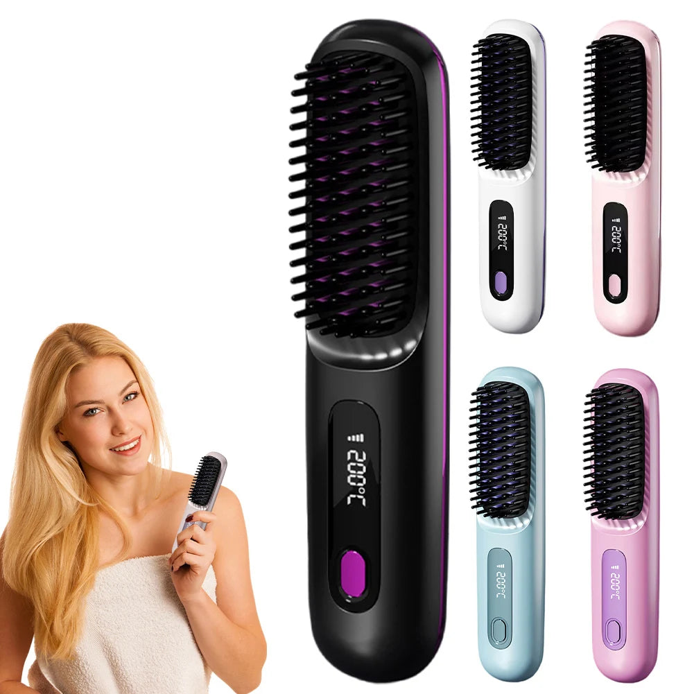 Cordless Hair Straightener Negative Ions Hair Straightener Digital Display Hair Straightening Brush Anti-scald for Home Travel