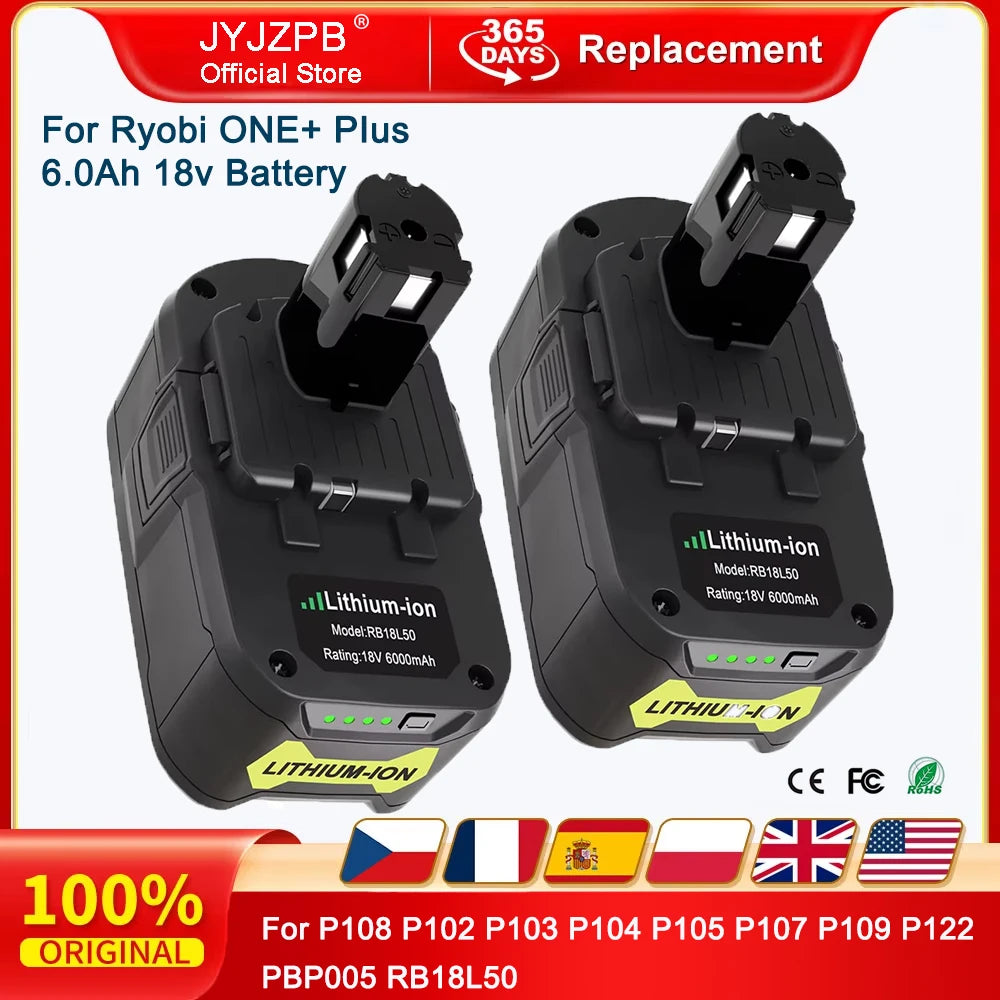 6Ah Ryobi One Plus 18v Battery Lithium for P108 P102 P103 P104 P105 P107 P109 P122 PBP005 RB18L50 Ryobi Battery Tool Accessory