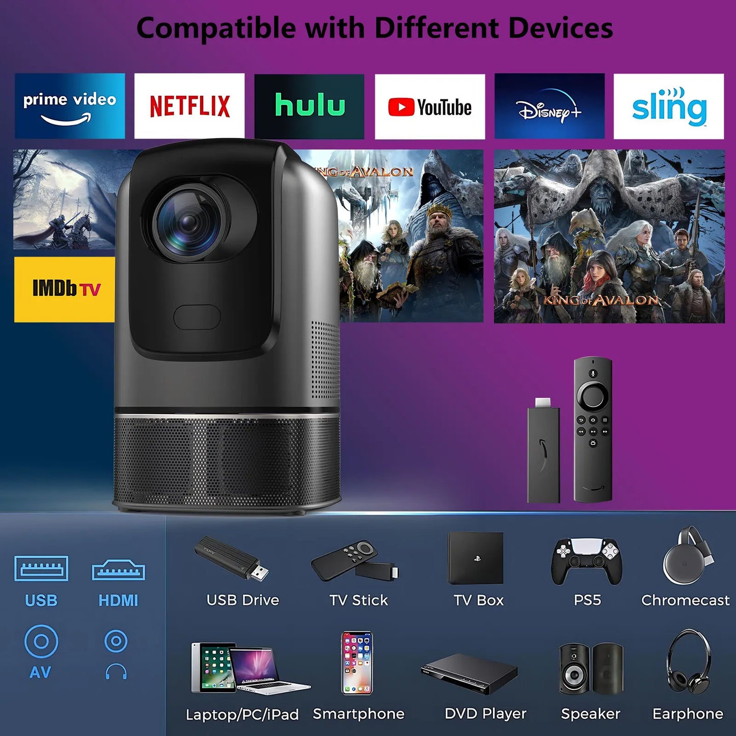 Projector Android Native 1080p Support 4K with Built in Stand