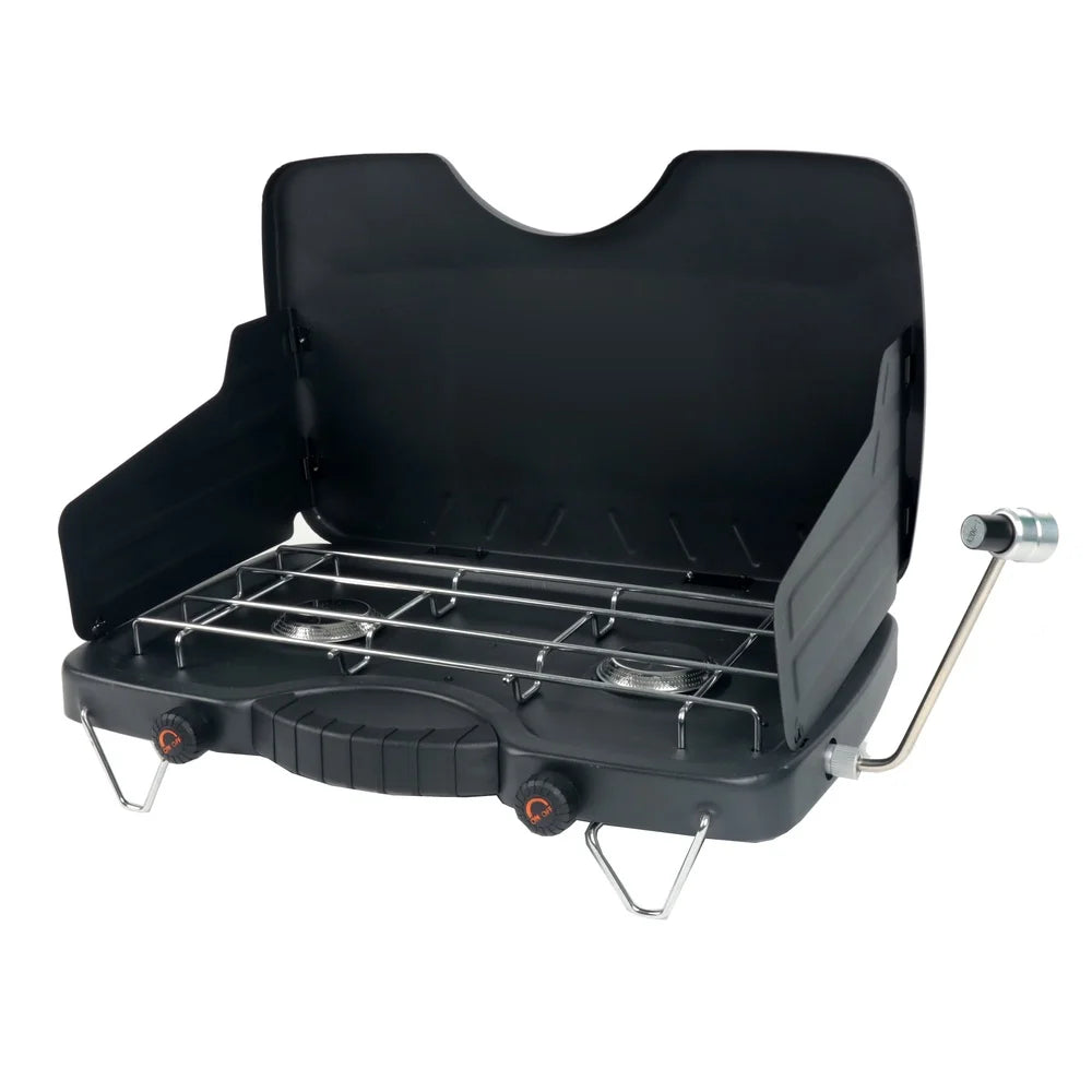 Portable Dual Burner Propane Camping Stove with Wind Guards 20000 BTU Ideal Outdoor Cooking Hiking Hunting Power Outage