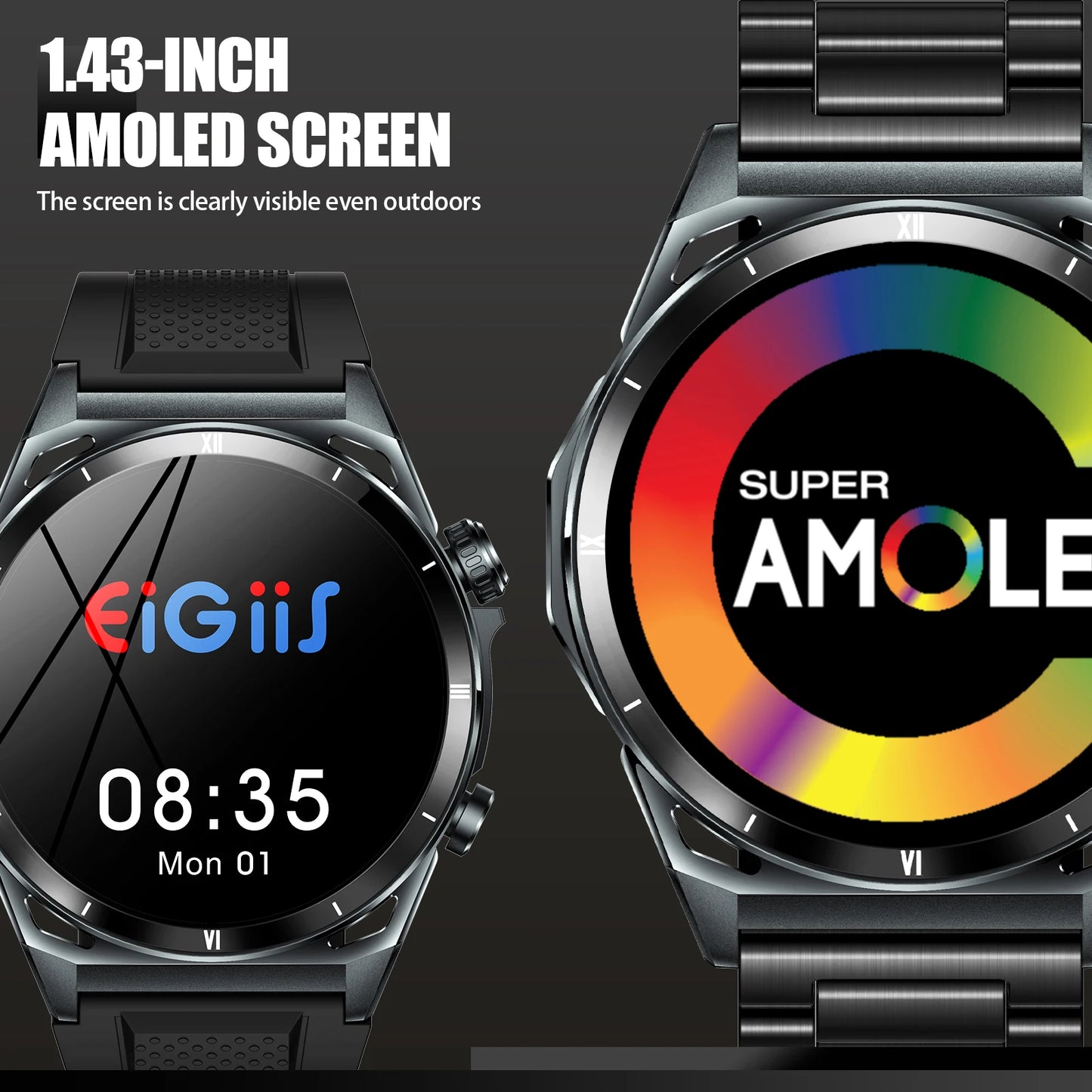 EIGIIS New Smart Watch KE6 1.43 AMOLED Display Men Black Sports