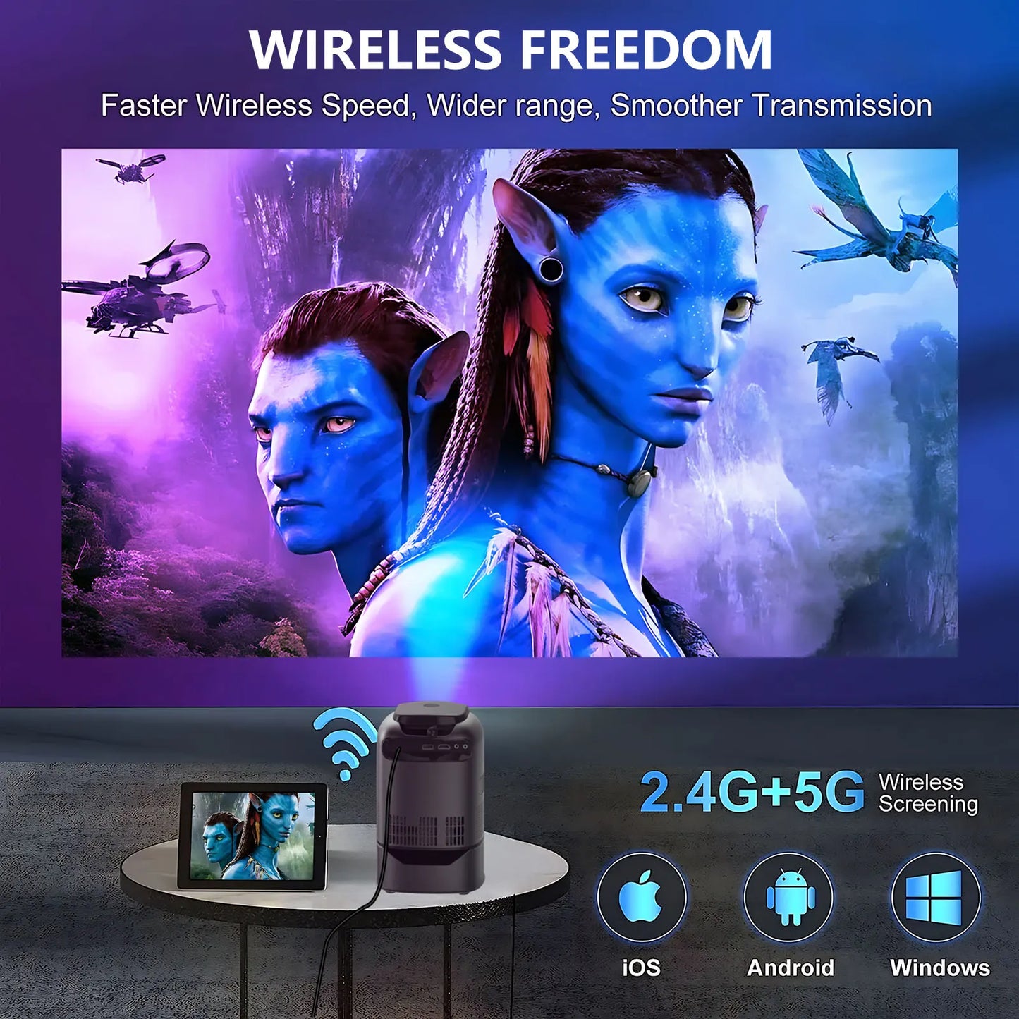 Projector Android Native 1080p Support 4K with Built in Stand