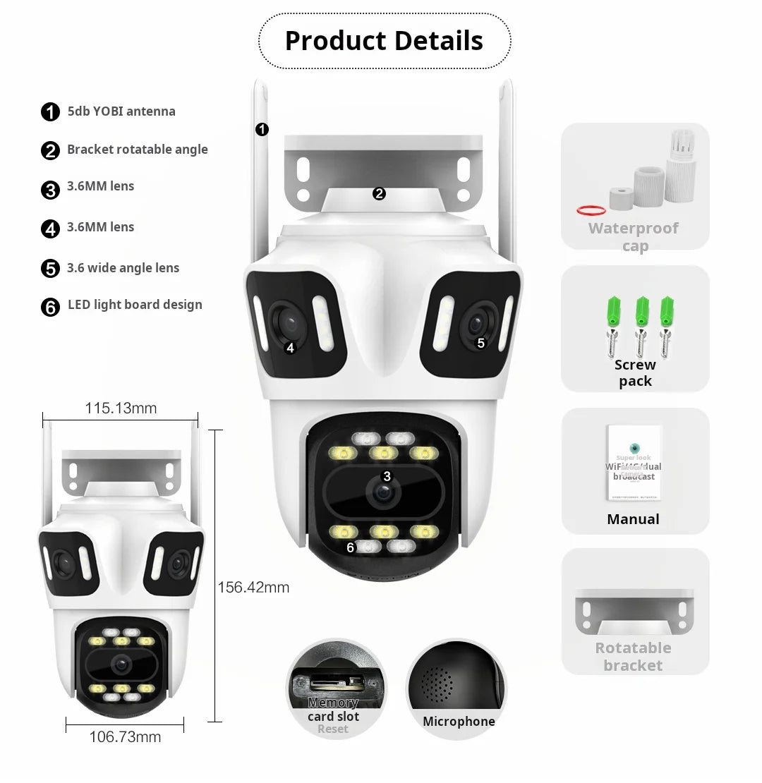 12MP 6K WIifi CCTV IP Camera  Outdoor PTZ Three Lens with Three Screens Human Tracking Waterproof Surveillance Cameras iCSee App