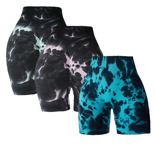 3 Pack Us Local Women's Tie-Dye Spring Summer Fitness Yoga Gym Shorts,Trendy Active Wear Shorts Wide band Waist