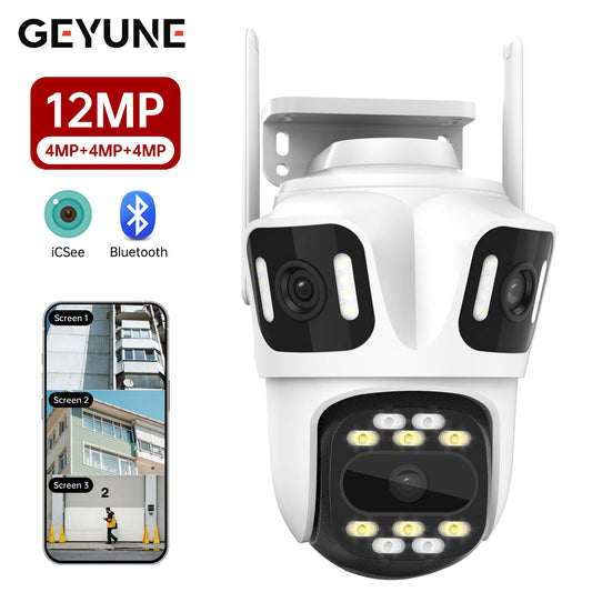 12MP 6K WIifi CCTV IP Camera  Outdoor PTZ Three Lens with Three Screens Human Tracking Waterproof Surveillance Cameras iCSee App