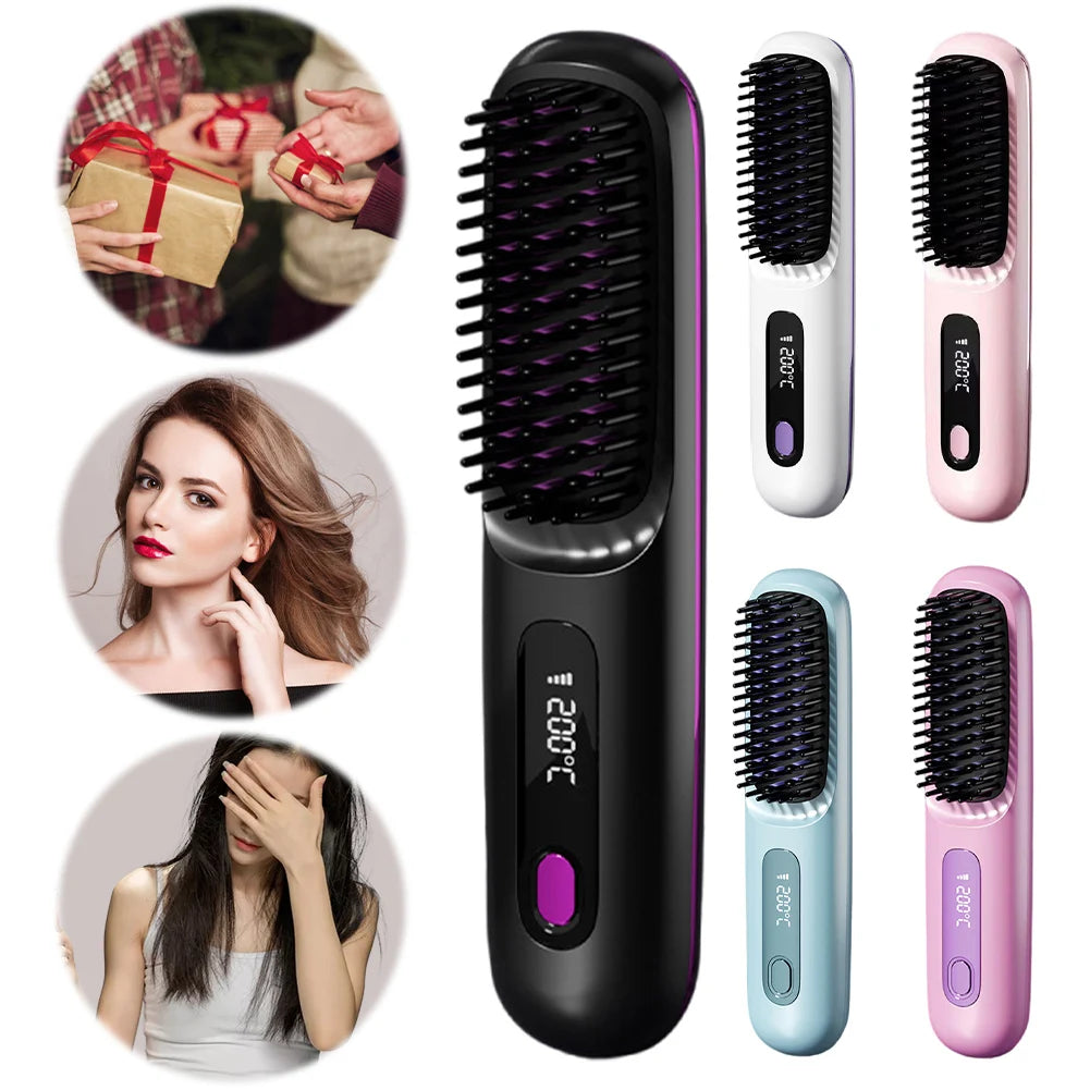 Cordless Hair Straightener Negative Ions Hair Straightener Digital Display Hair Straightening Brush Anti-scald for Home Travel
