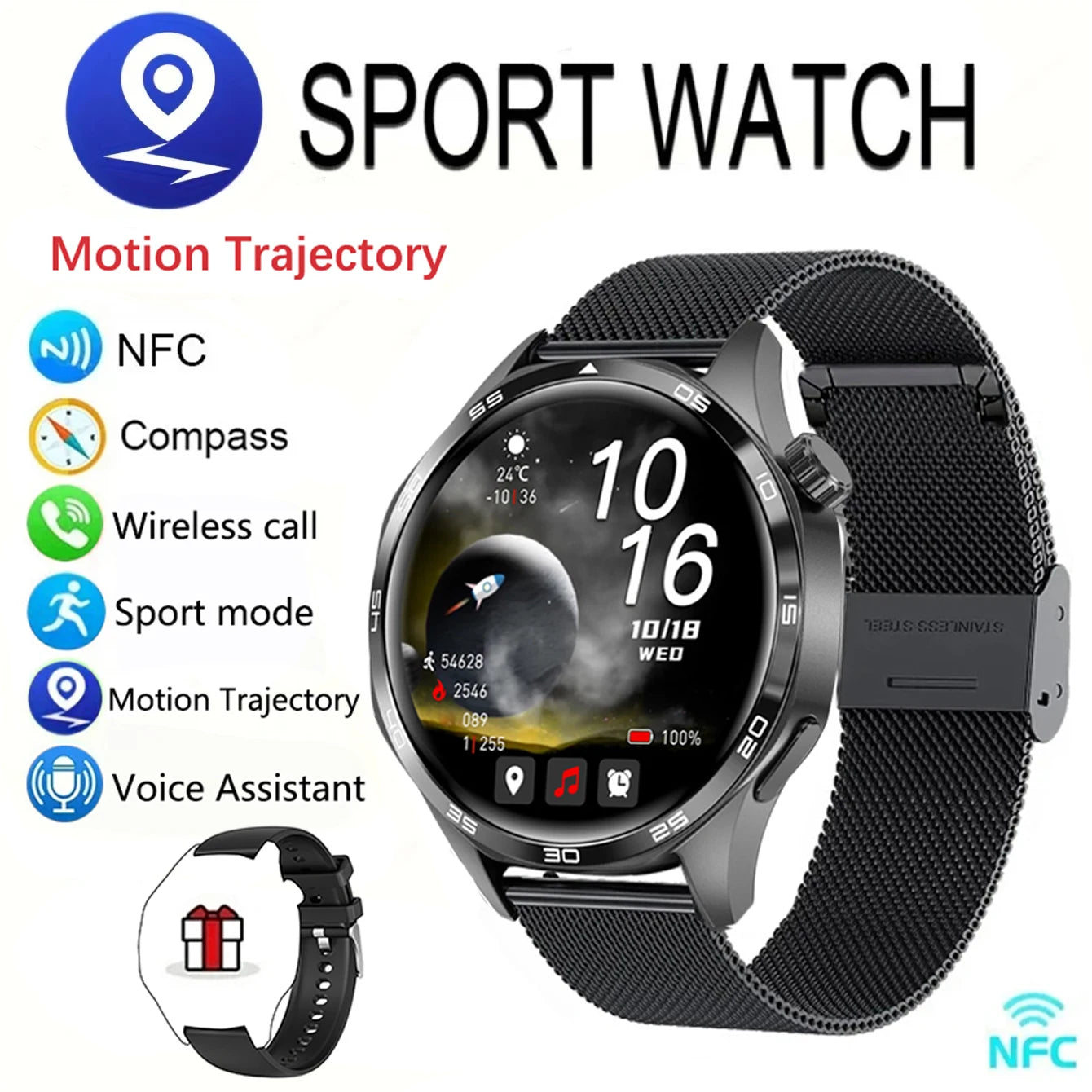 GEJIAN New Men's Smart 5.0 Bluetooth GPS NFC Watch 1.53-inch