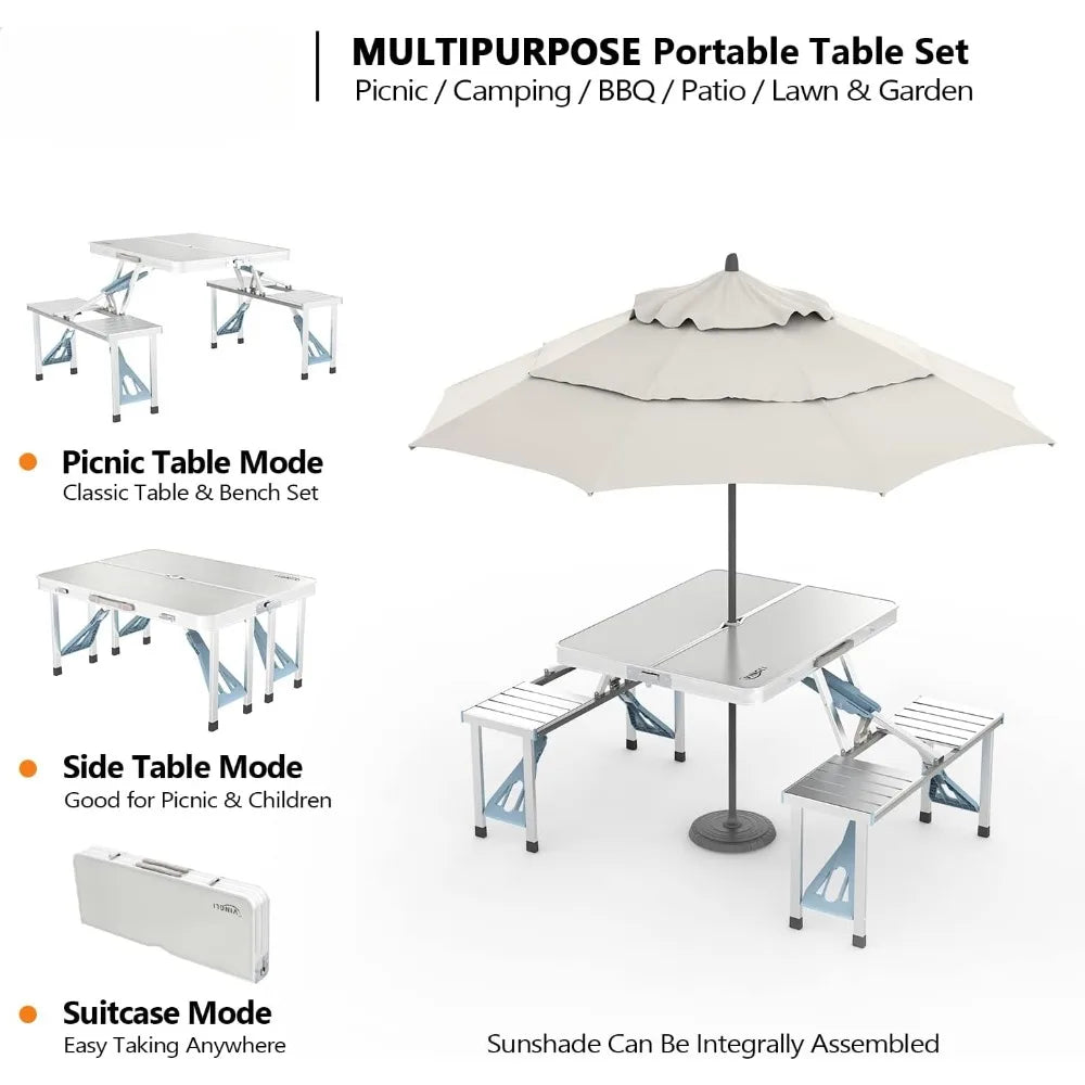 4Ft Folding Camping Picnic Table with Seats Umbrella Hole